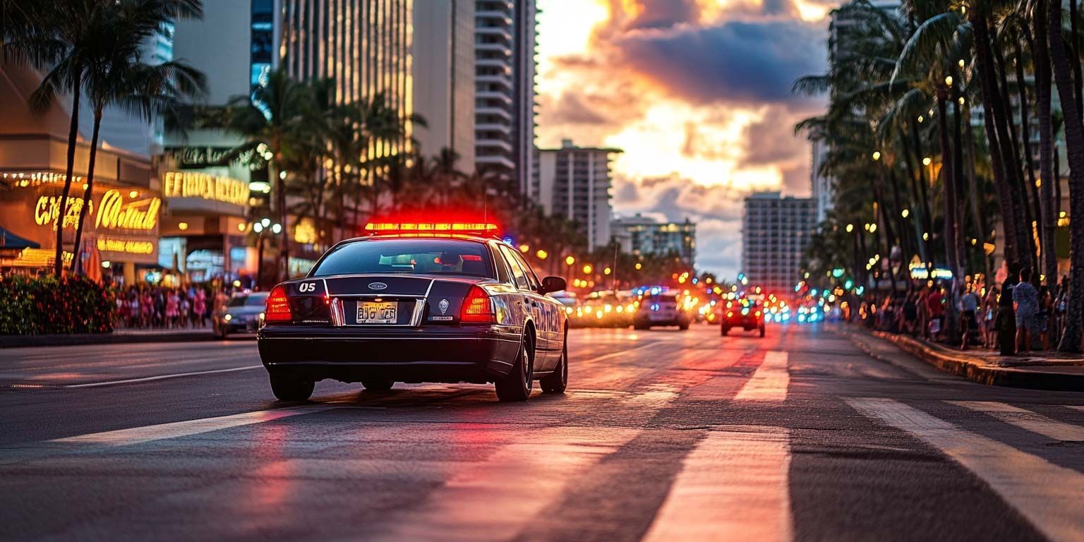 A police car is driving down a city street at night.