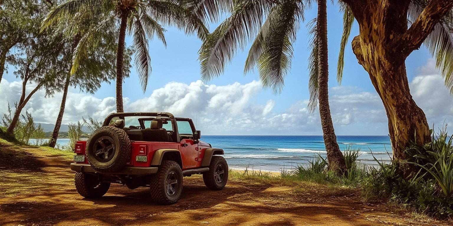 A red jeep is parked on a dirt road near the beach.